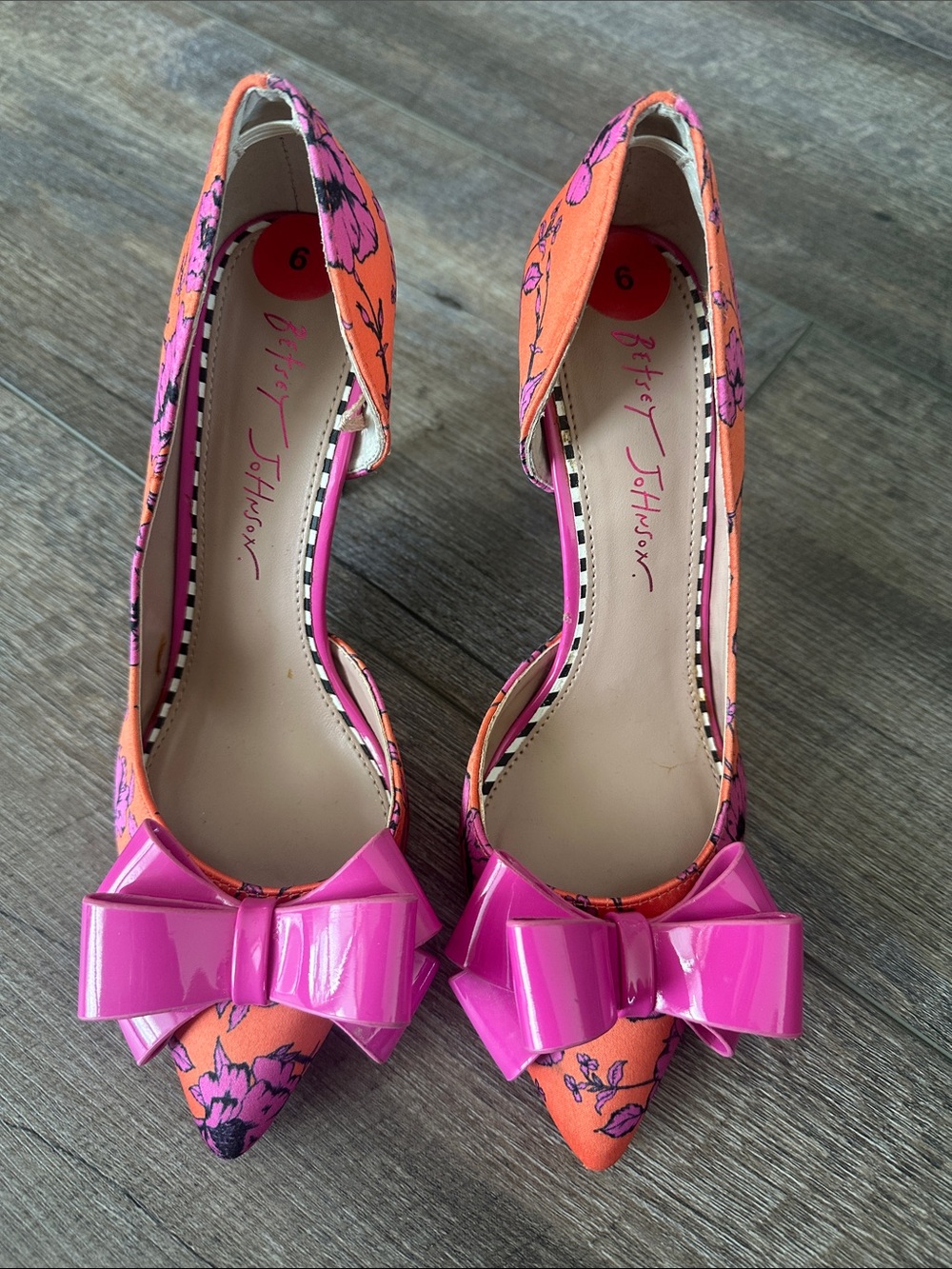 Betsey Johnson Pink Bow Orange Floral D'Orsay Heels
